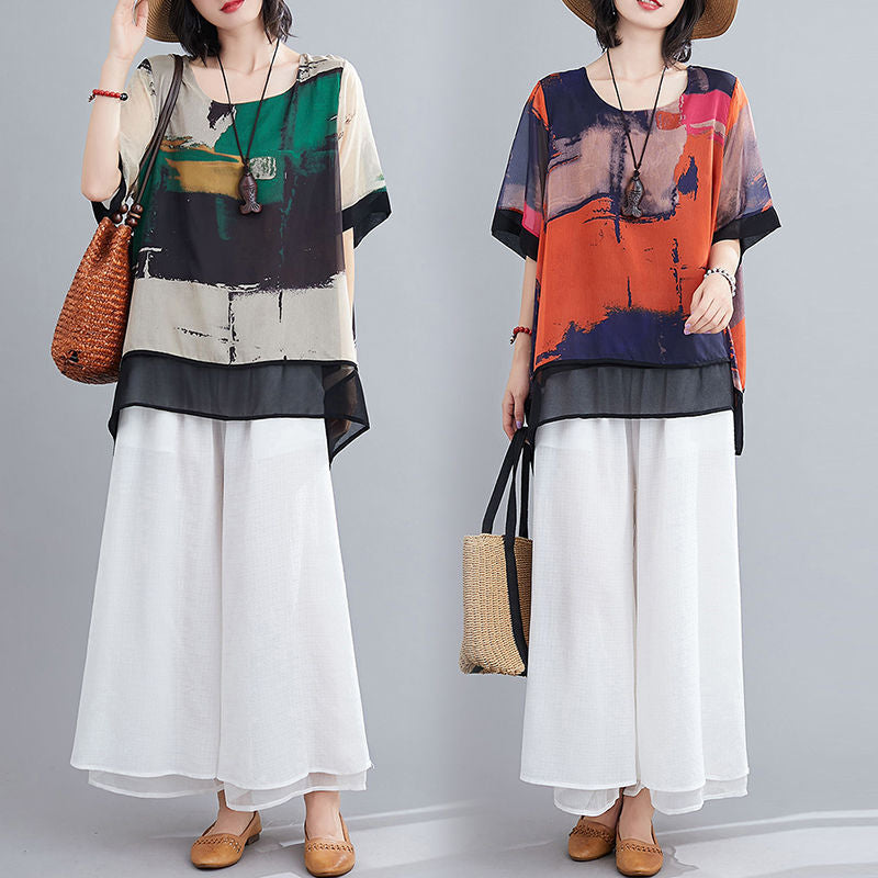 Loose Fashion Suit Mother's Chiffon Shirt Cropped Wide-legged Culottes Two-piece Set