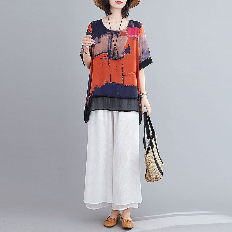 Loose Fashion Suit Mother's Chiffon Shirt Cropped Wide-legged Culottes Two-piece Set