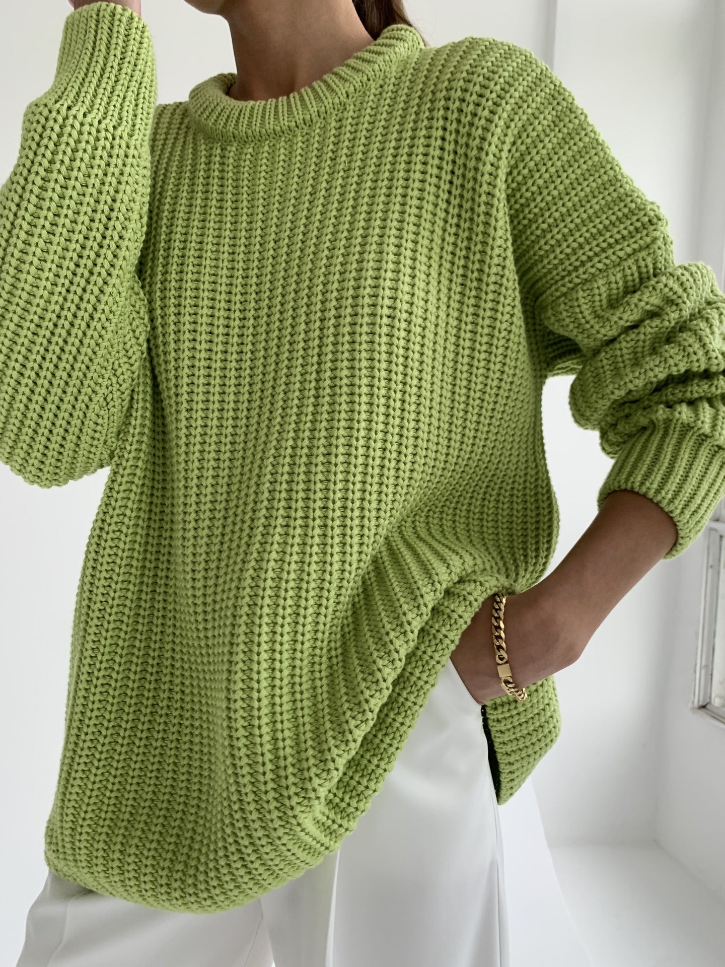 Sweater Round Neck Loose Solid Color Sweater