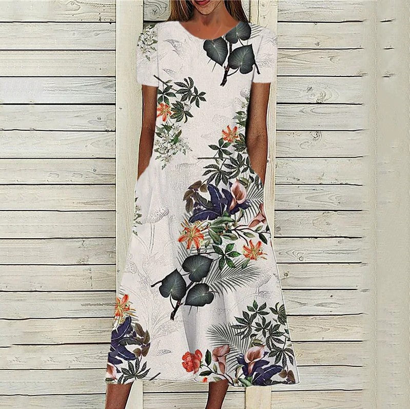 Printed Short Sleeve Pullover Round Neck Dress