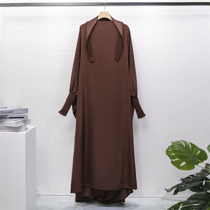 Casual Loose Robe With Headscarf Muslim Dress Solid Color Long Robe