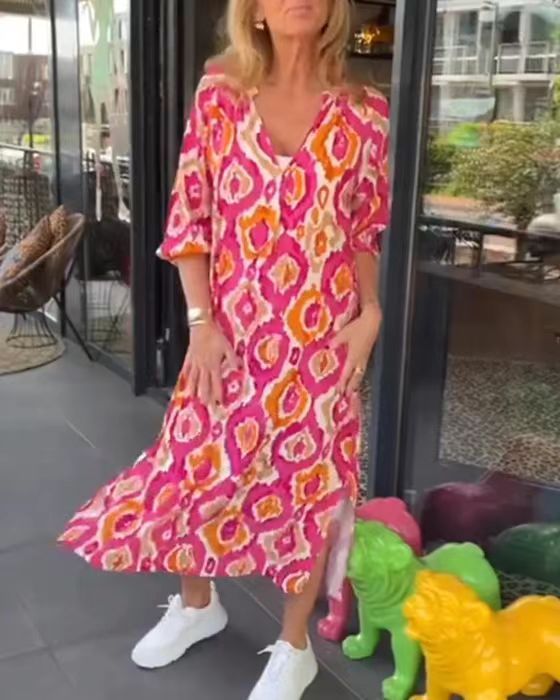 Robe longue ample à col en V et imprimé floral à manches mi-longues pour femme