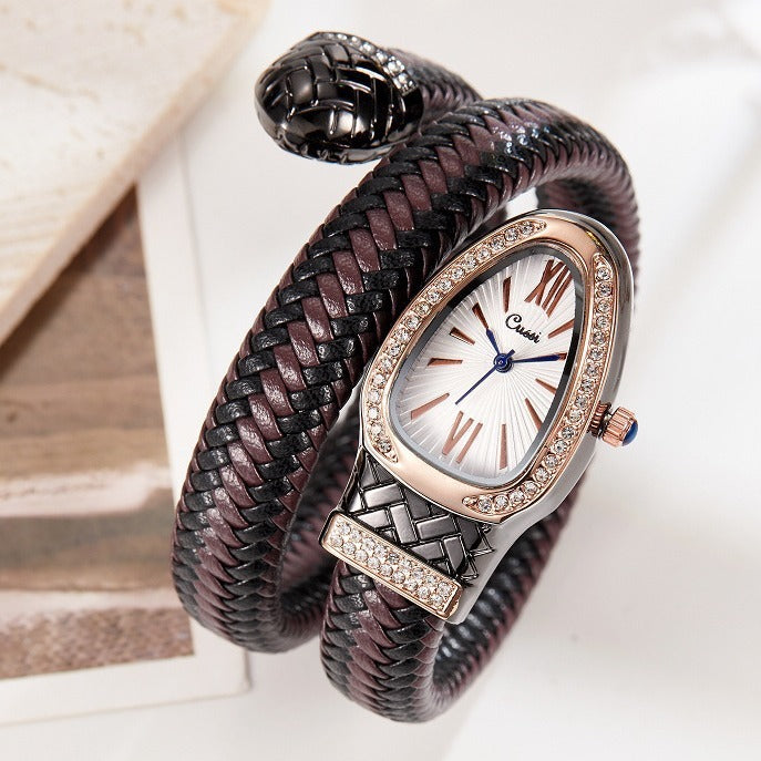 Reloj de serpiente Reloj de cuarzo de moda Correa de cuero con diamantes