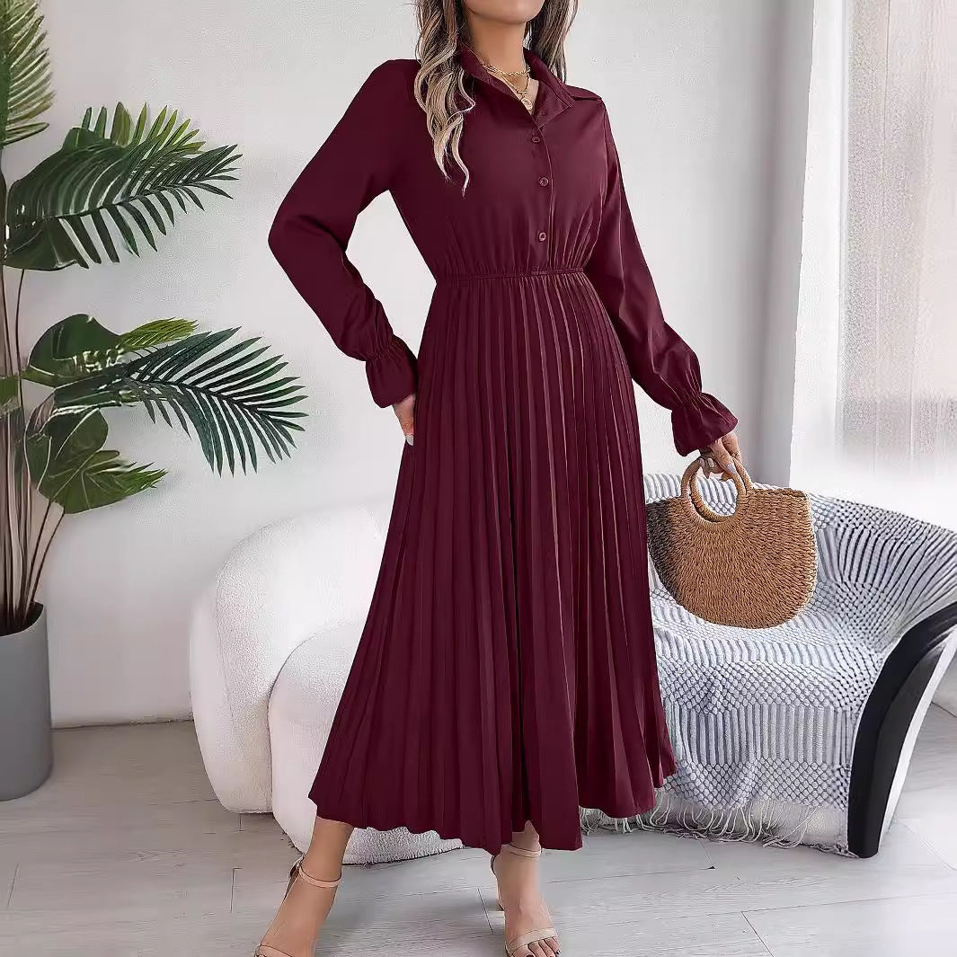 European And American Autumn And Winter Leisure Lapel Button Long Sleeve Cinched Pleated Dress