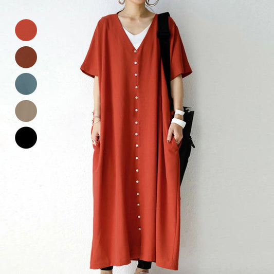 Japanese Summer Short Sleeve V-neck Shirt Dress