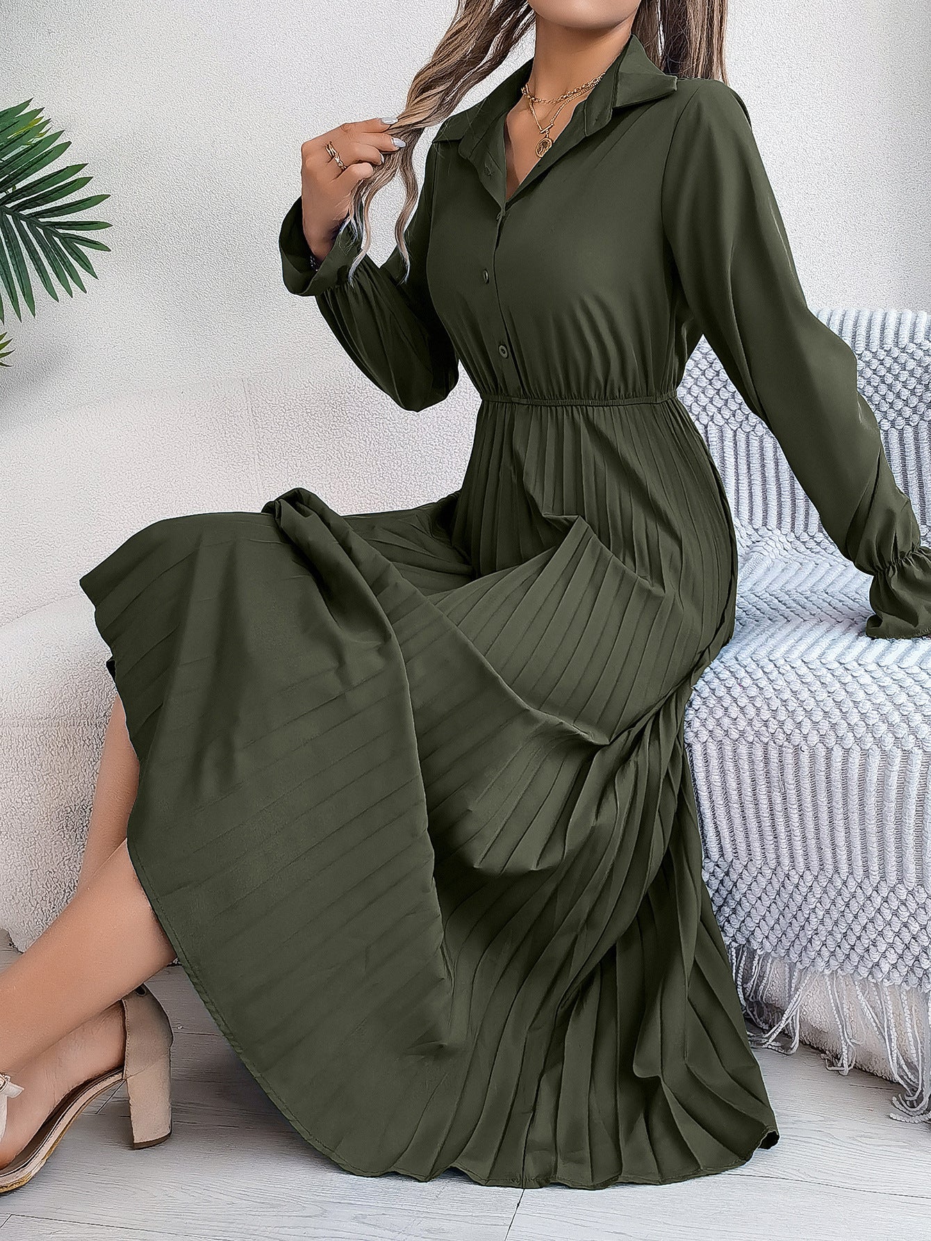 European And American Autumn And Winter Leisure Lapel Button Long Sleeve Cinched Pleated Dress