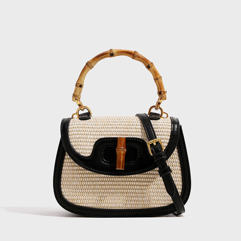 Portable Semicircle Woven Bamboo Handle Bag