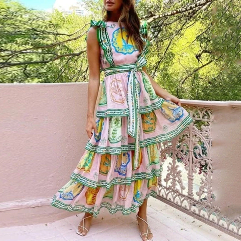 Retro Minority Bohemian Style Printing High Waist Backless Cake Dress