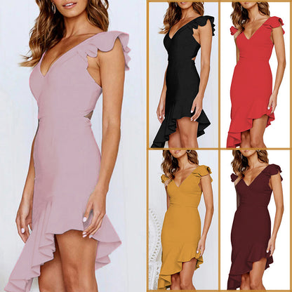 V-neck Sleeveless Ruffles Backless Dress