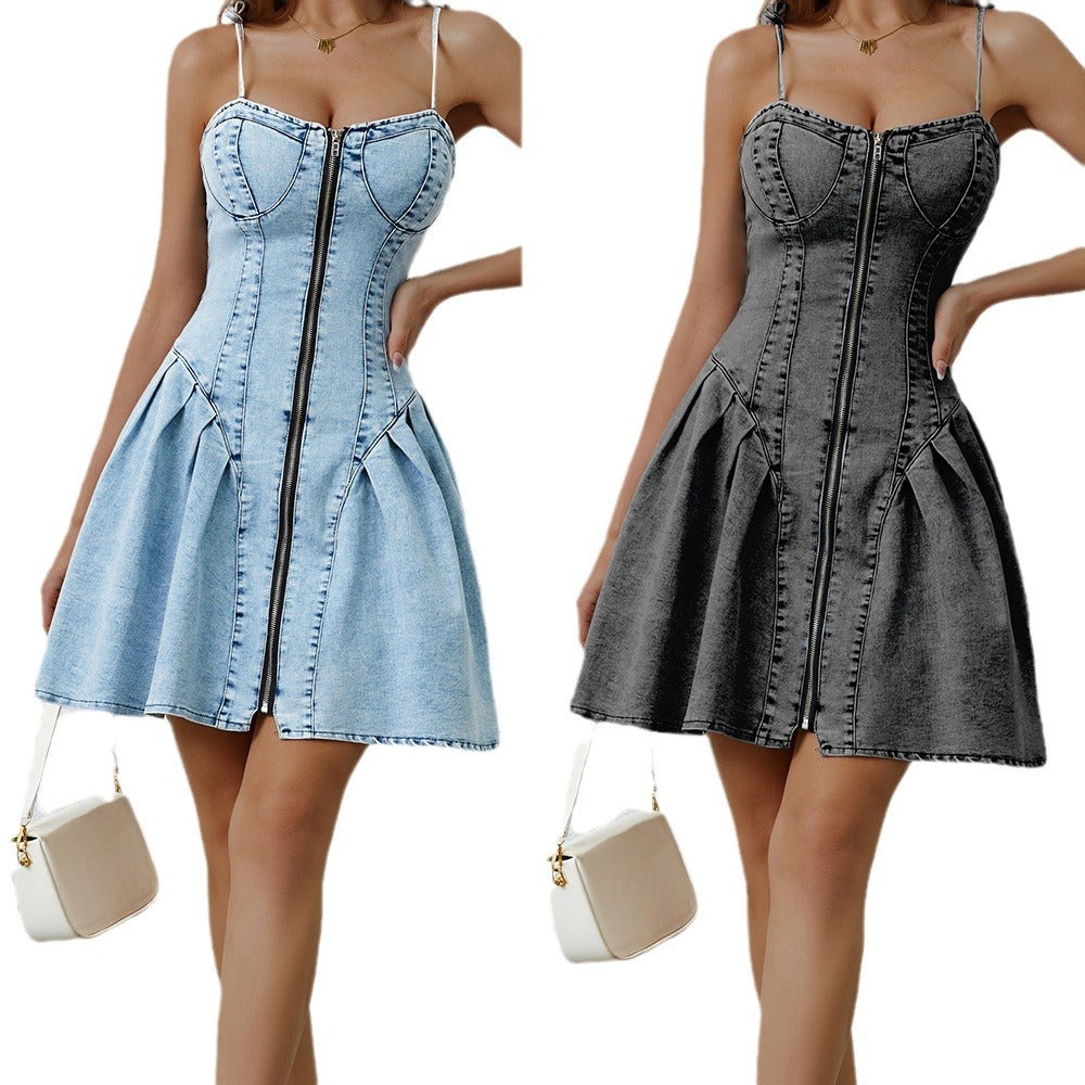 Personality Street Splicing Sling Denim Dress