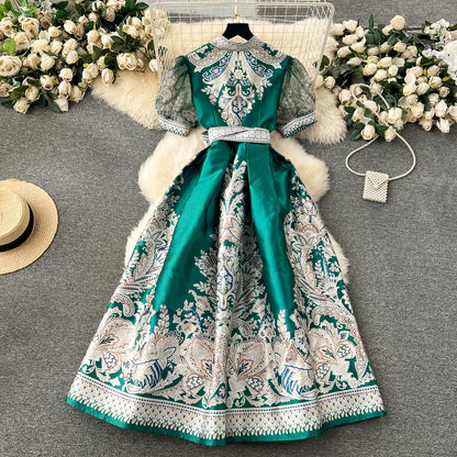 Vintage Printed Lace Up Waist-tight Long French Puff Sleeve Temperament Dress