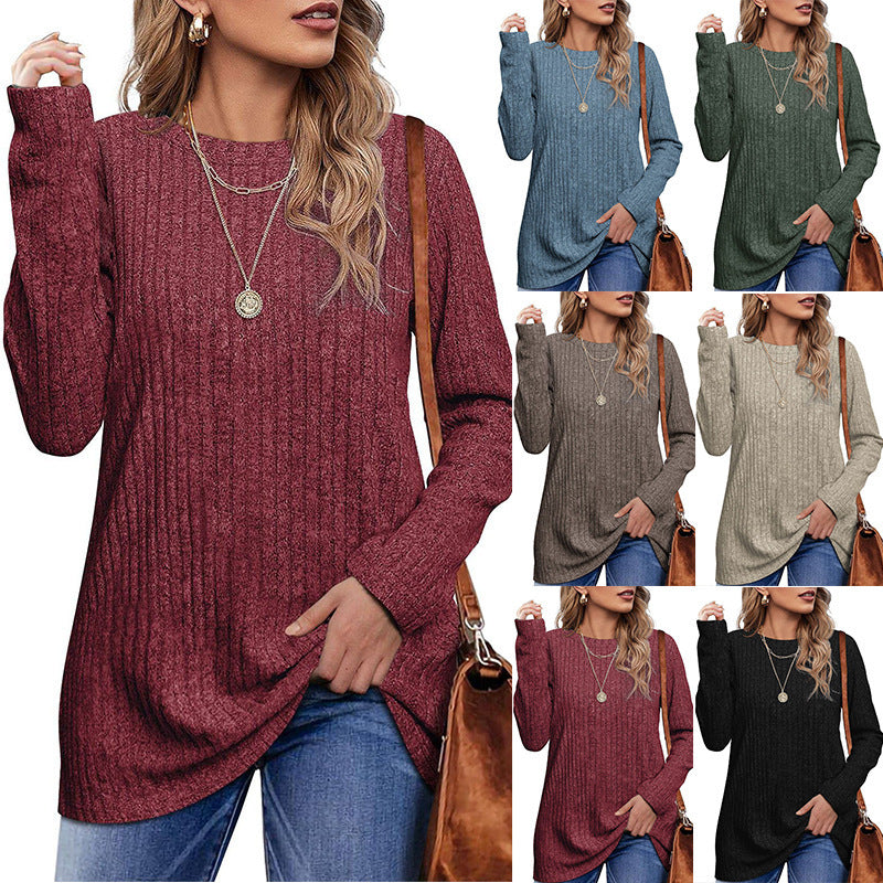 New Autumn And Winter Round Neck Brushed Sunken Stripe Solid Color Top Long Sleeve Women's T-shirt