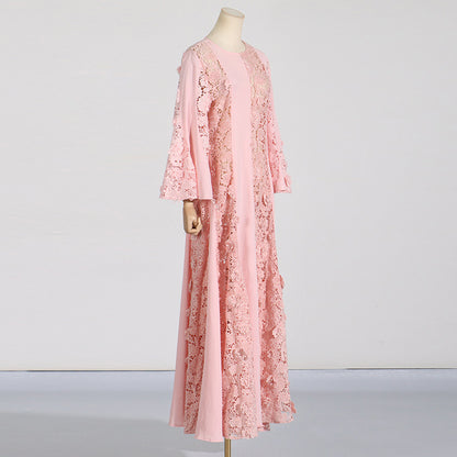 Robe de rassemblement mondaine de style français nouvelle robe longue à col rond en dentelle brodée ajourée de couleur unie pour femmes