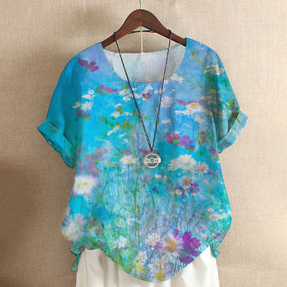 Short-sleeved T-shirt Flower And Plant Painting Printed Women's Loose Top