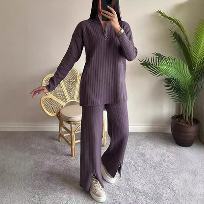 Fall Women's Clothing Solid Color Zipper Knitting Suit High Neck Ribbing Home Wear Two-piece Set