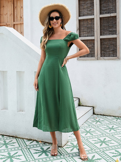 Vestido midi de lino y algodón para mujer: diseño versátil con hombros descubiertos, tira ajustable en la espalda y dobladillo dividido en amarillo, verde y naranja