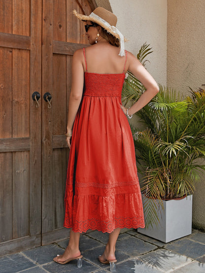 Women's Cotton Maxi Dress - Breathable Summer Dress With Embroidered Hem, Elastic Waist, And French Romantic Style