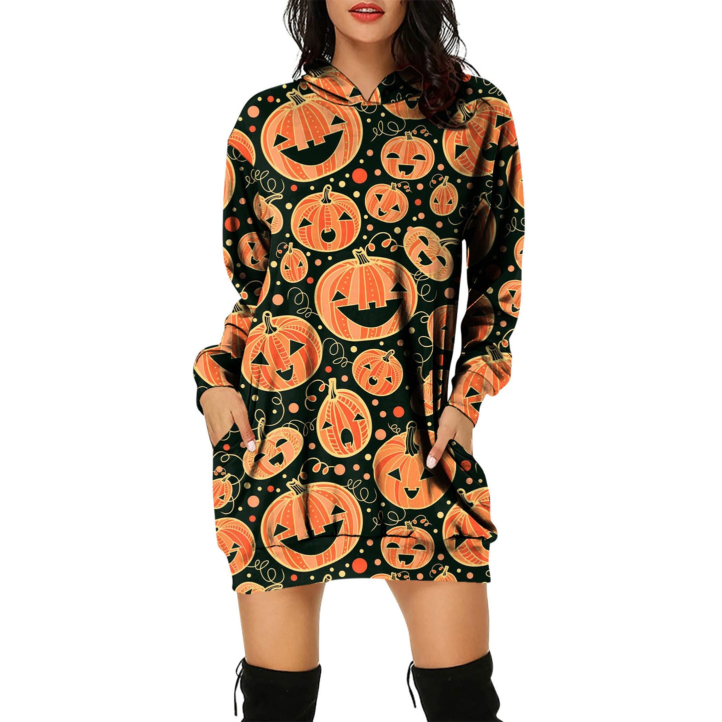 Vestido tipo suéter con capucha y temática de Halloween para mujer