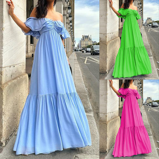 Robe mi-longue à épaules dénudées et à couleur pure