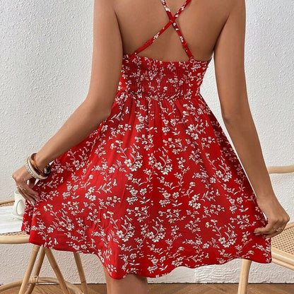 Vestido amplio con cuello en V y estampado de flores