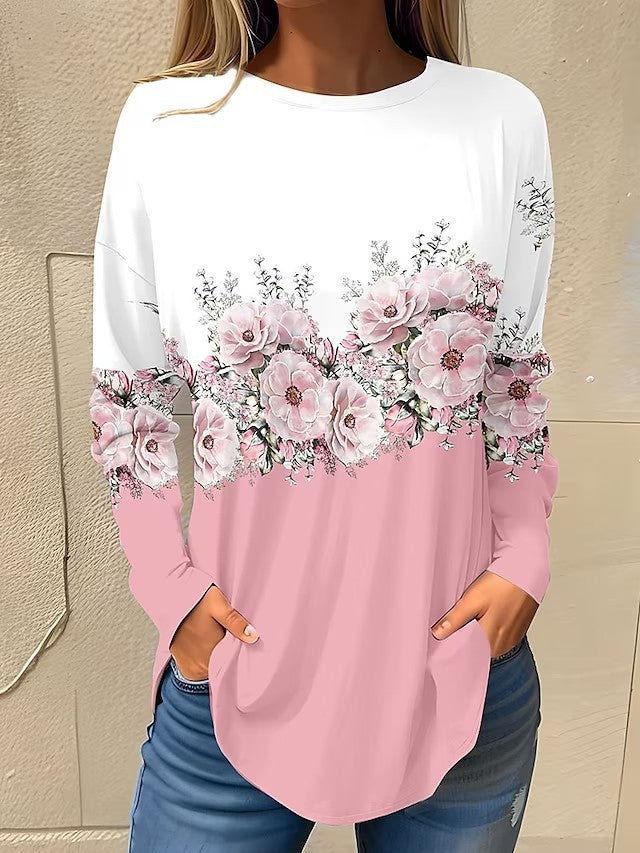 Blusa informal de manga larga con cuello redondo para mujer, de moda, talla grande