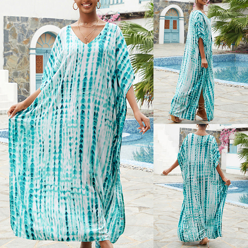 Robe longue de plage en rayonne teinte par nouage, chemise de protection solaire