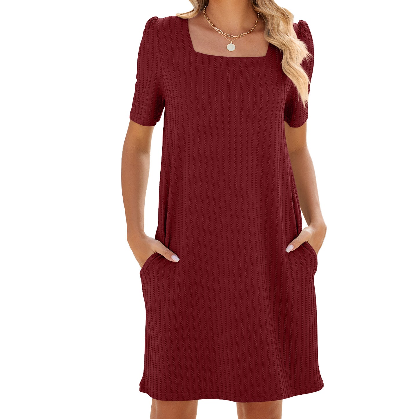 Women's Solid Color Square Neck Short Sleeved Loose Pocket Dress