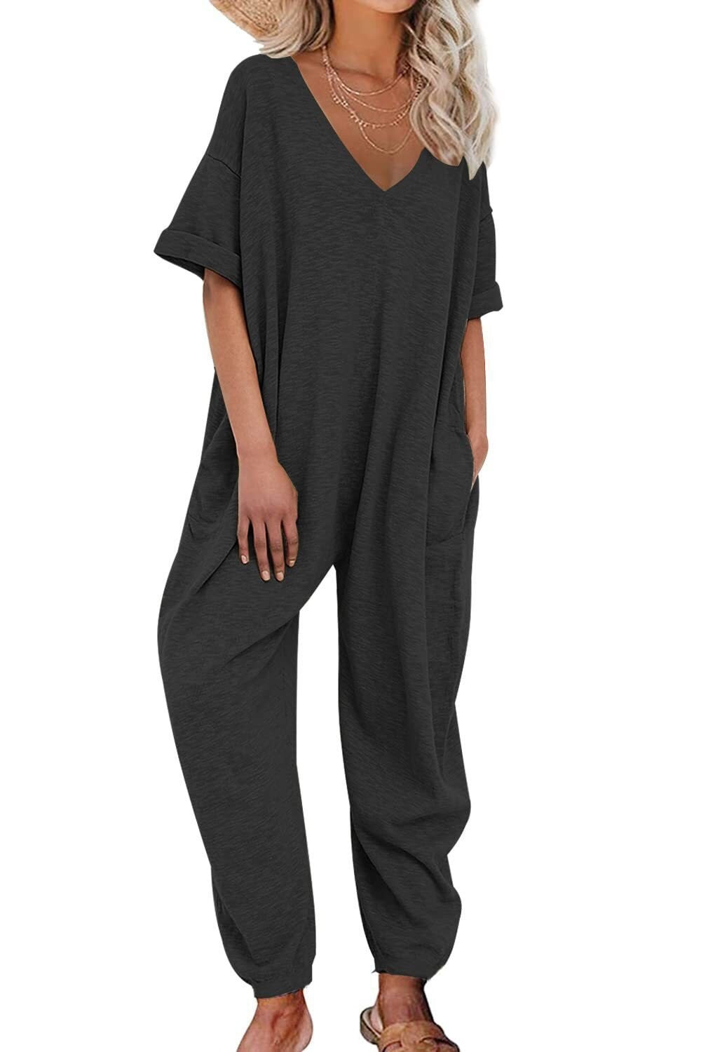 Solid Color V-neck Jumpsuit Half Sleeve Ankle-tied Loose