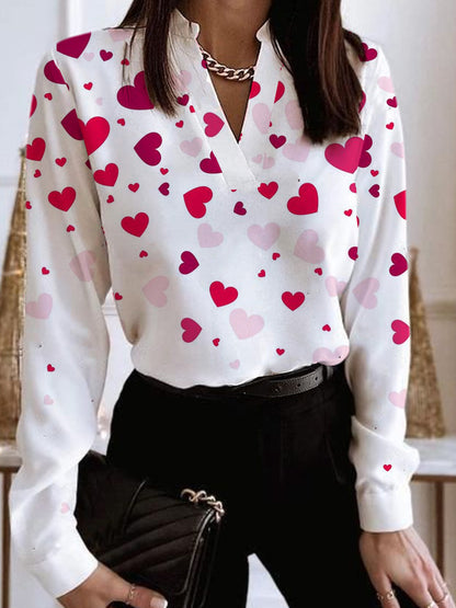 Women's Casual Long-sleeved V-neck Heart Printing Shirt