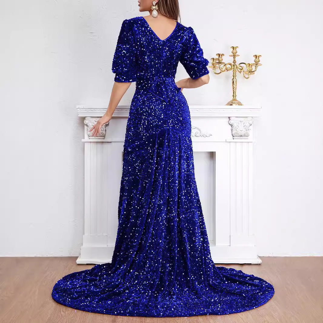 Robe de soirée sexy à paillettes et manches mi-longues