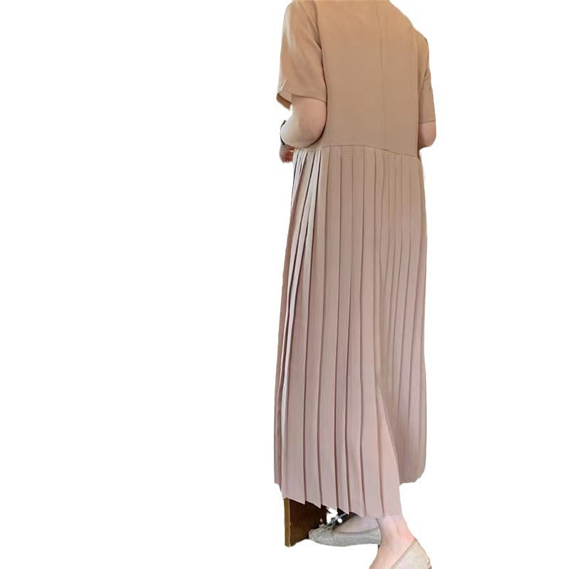 Robe longue élégante plissée en mousseline de soie à manches courtes et ample pour femme