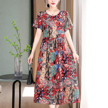 Casual Extra Large Size Cotton Silk Mother Loose Dress Women