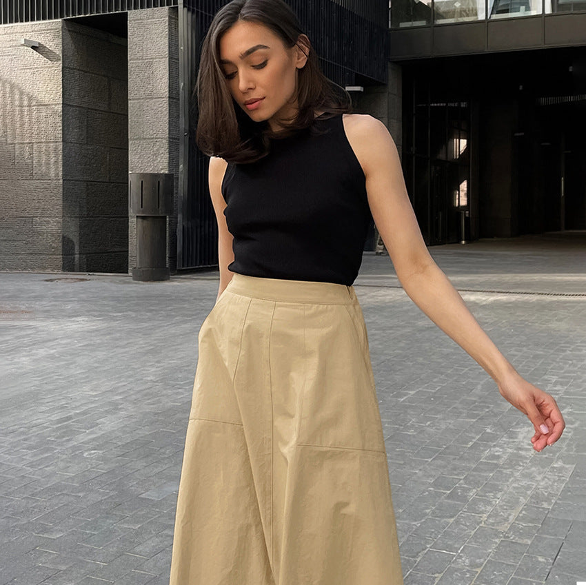 Elegant Pure Cotton High Waist Simple Solid Skirt Minority All-match Loose Long Dress