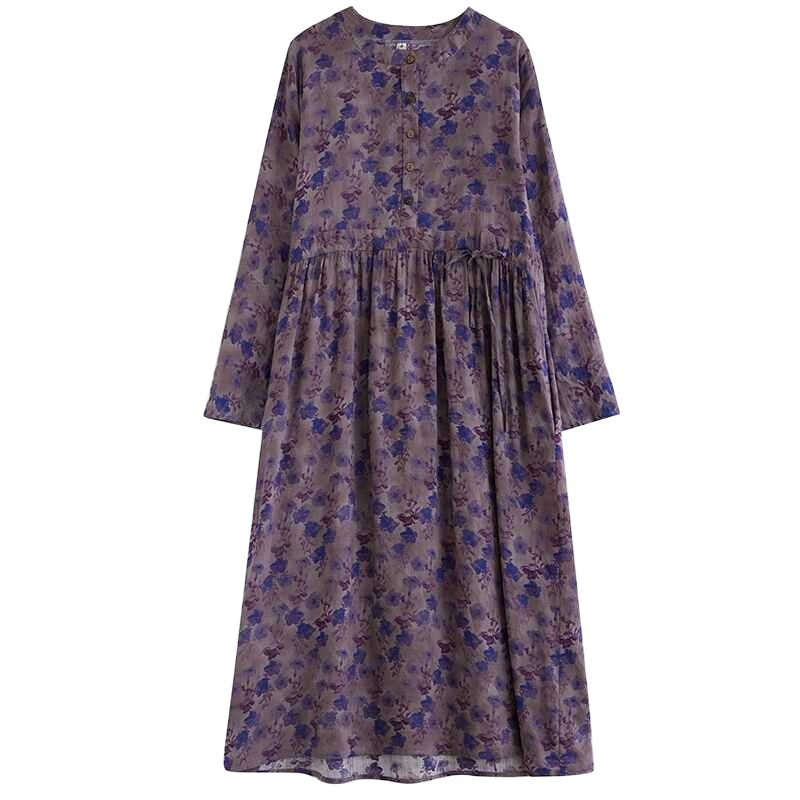 Hemp Cotton Printed Ethnic Style Round-neck Long-sleeved Dress