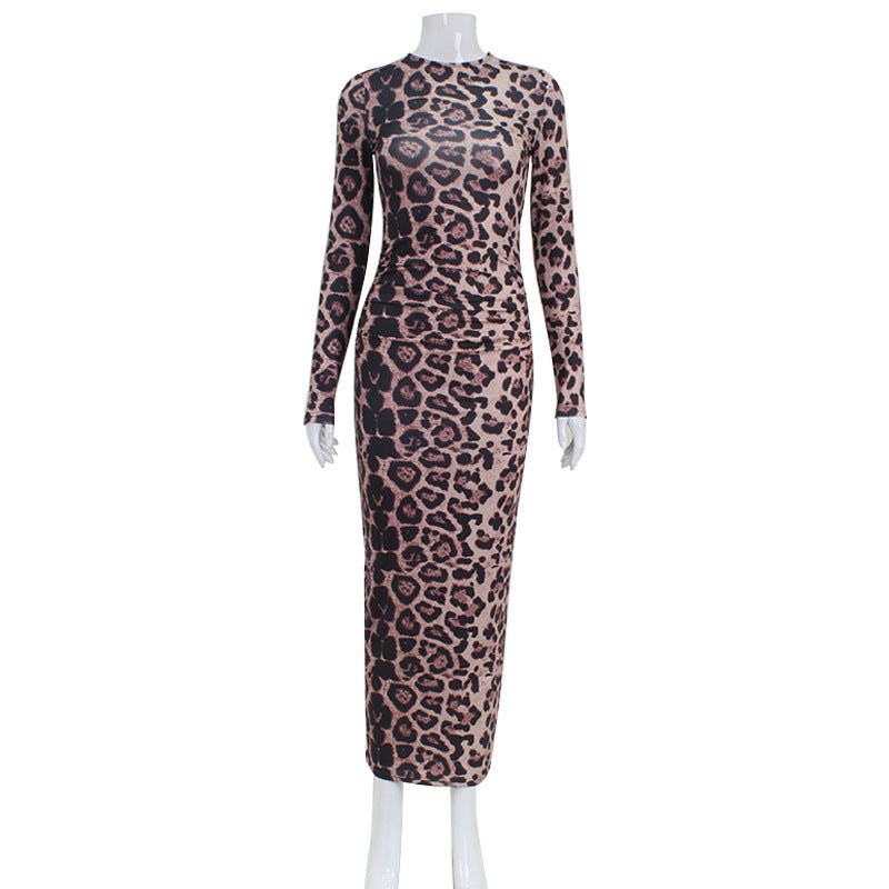 Women's Round Neck Long Sleeved Leopard Print Dress