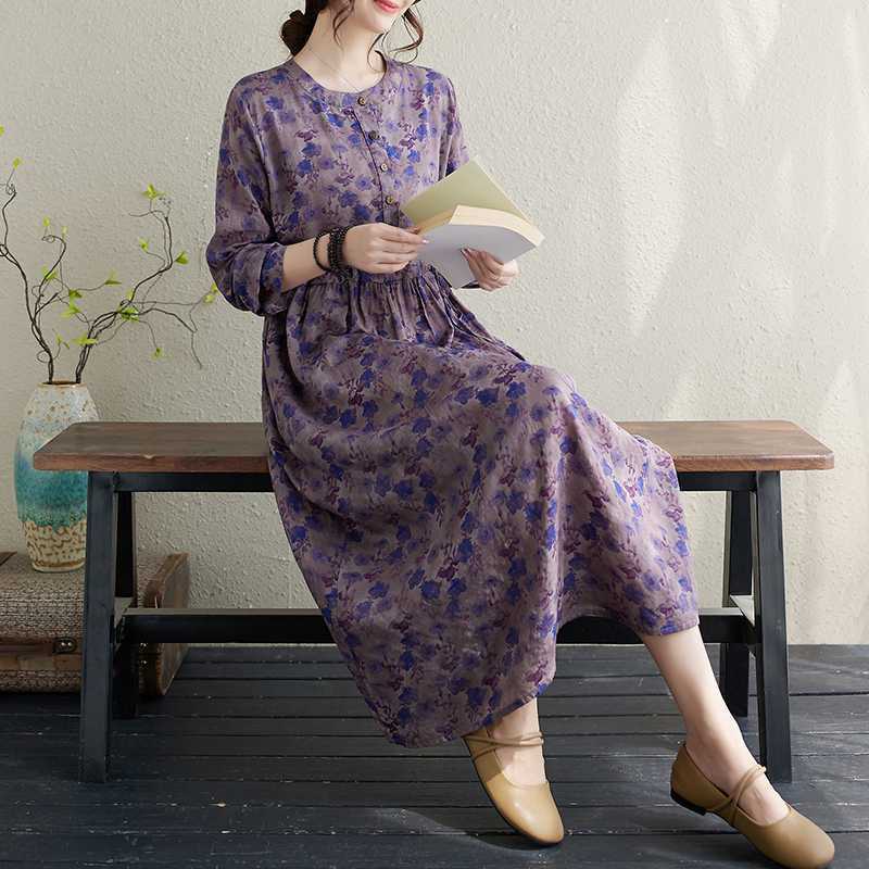 Hemp Cotton Printed Ethnic Style Round-neck Long-sleeved Dress