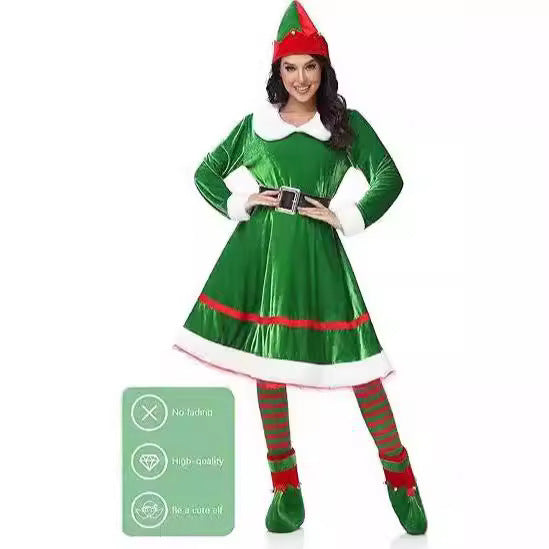 Traje de duende navideño para mujer, vestido de terciopelo, cinturón, calcetines hasta la rodilla a rayas