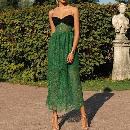 Vestido de mujer con tirantes de encaje verde hueco multicapa