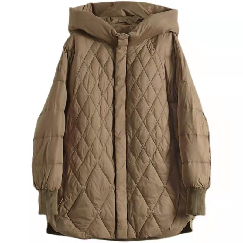 Chaqueta de plumón con capucha fina y plumón de pato blanco holgada de longitud media para otoño e invierno