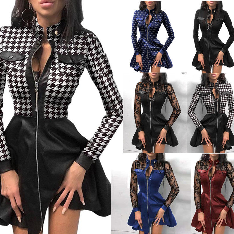 Long Sleeve V-neck Zipper Pu Pocket Dress Women's Clothing