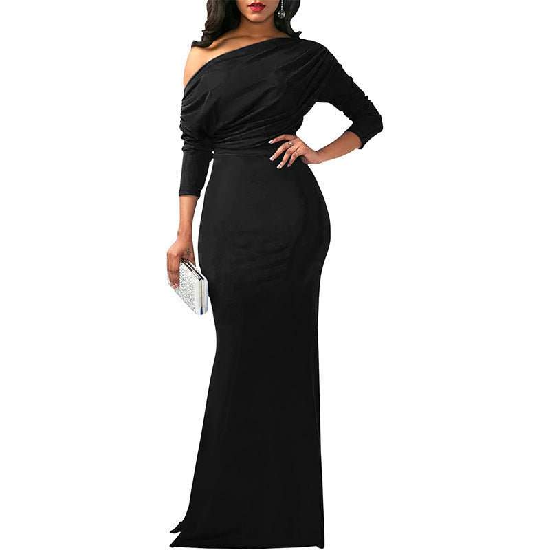 Robe de soirée longue élégante et sexy à épaules obliques pour dîner