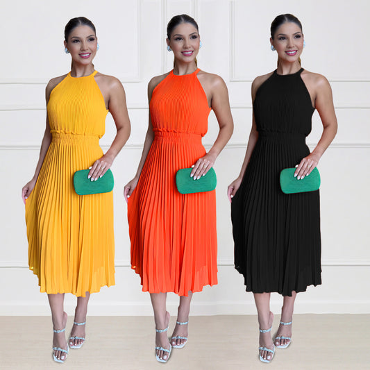 Solid Color Sleeveless Chiffon Elegant Lady Waist Dress