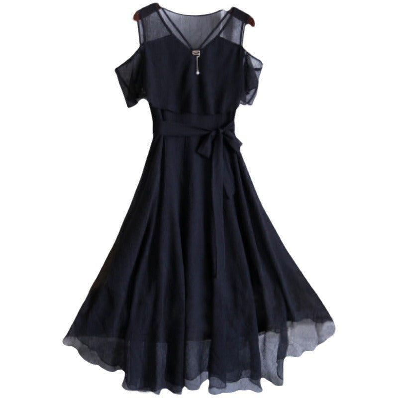 Short Sleeve Irregular Black Slim-fit Midi Dress