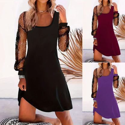 Fashion U-collar Mesh Stitching Long Sleeves Dress