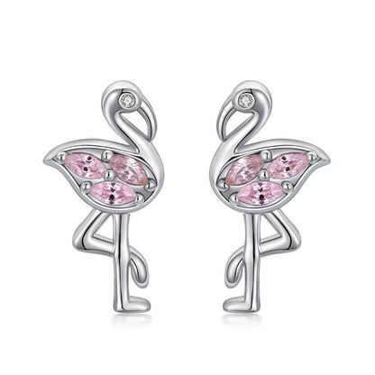 Pink Flamingo CZ Stud Earrings in White Gold Plated Sterling Silver