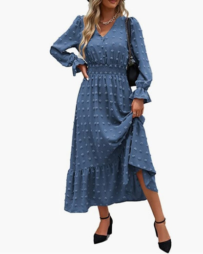 Bohemian Long Sleeve V-neck Polka Dot Dress