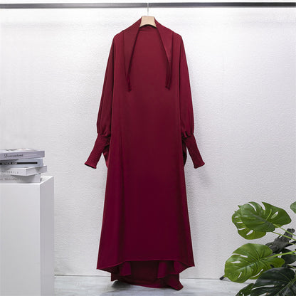 Casual Loose Robe With Headscarf Muslim Dress Solid Color Long Robe