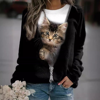 Summer Trendy Cute Kitten Print Women's Commuter Elegant Top