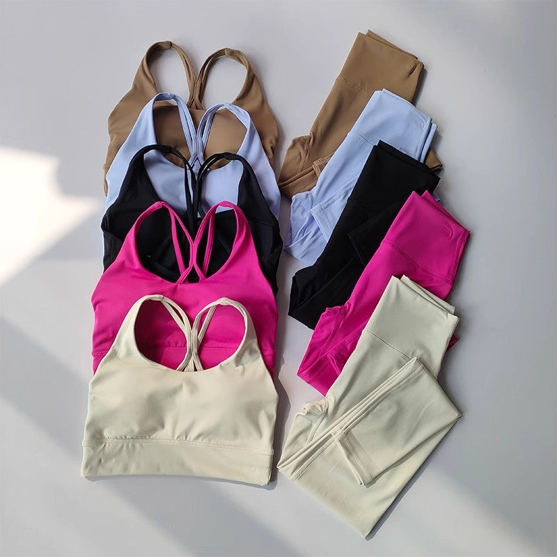 Yoga Clothes Suit Nude Feel Solid Color Shockproof Push Up Sports Bra Female Training Quick-drying