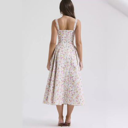 Floral Strap Backless Print Dress